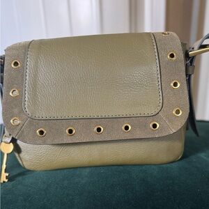 Fossil Green and Gold Crossbody Bag with Flap Closure